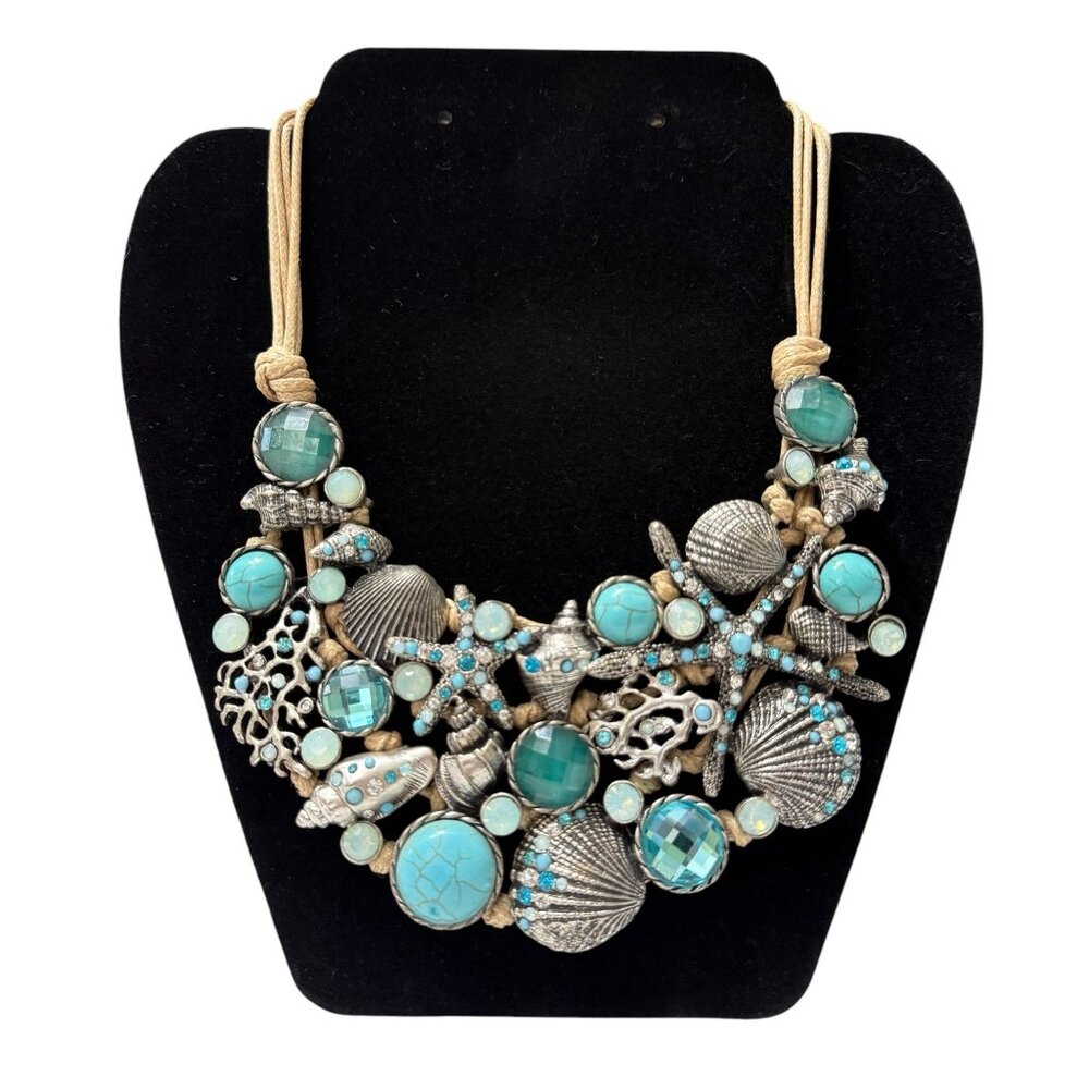 St. Thomas Nautical Themed Necklace Shells Starfish Turquoise Accents Adjustable